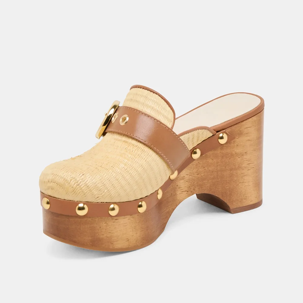 Beige Round Toe Studded Chunky Heel Buckle Strap Platform Mules