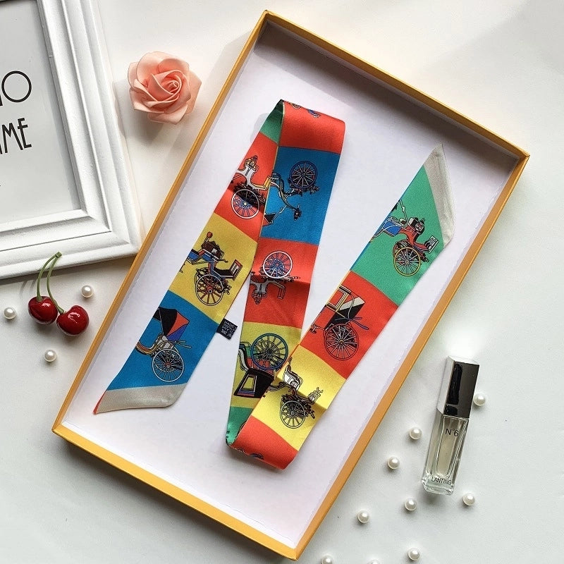 Women’s Minimalist Classic Style Color Block Satin Printing Silk Scarf