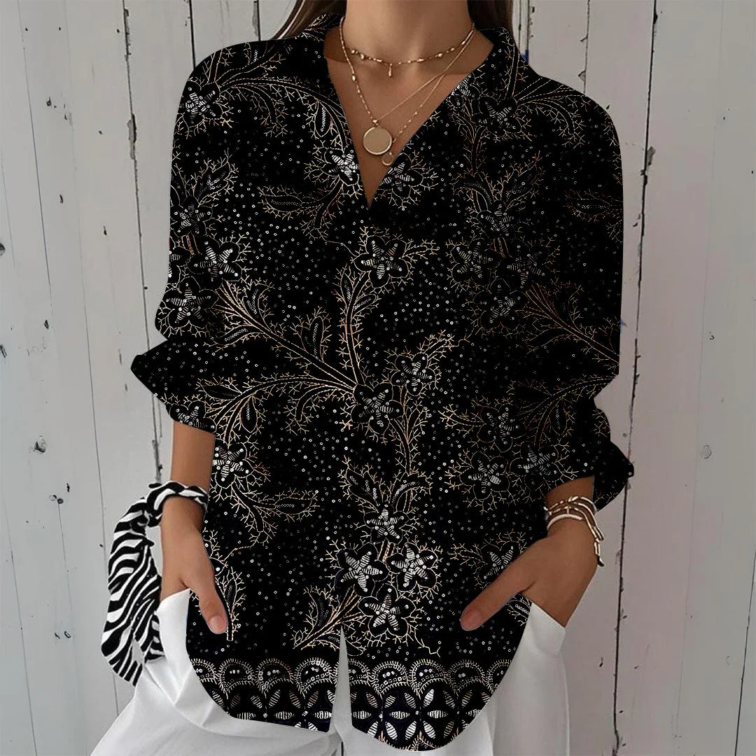 Style & Comfort for Mature Women Women Foliage, Black, Brown, Silver DZCL0441 3/4 Sleeve Shirt Collar Printed Button Tops