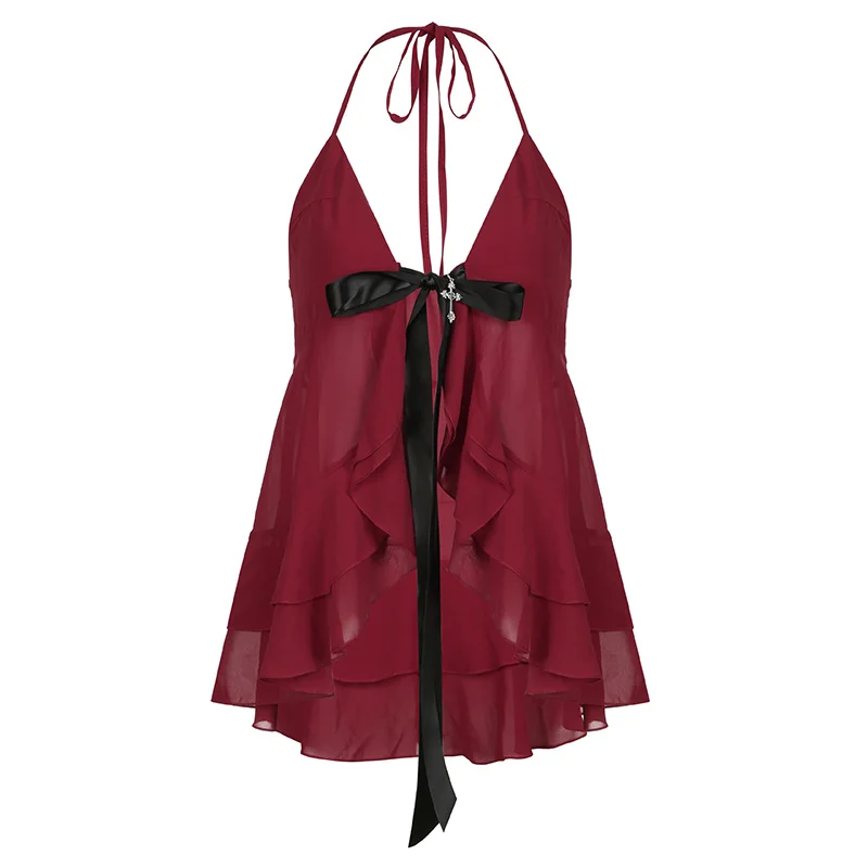 Ueong Spice Girl Style Lotus Leaf Edge V-Collar Low-Cut Elegant Net Hanging Neck Bright Red Halter Top 2024