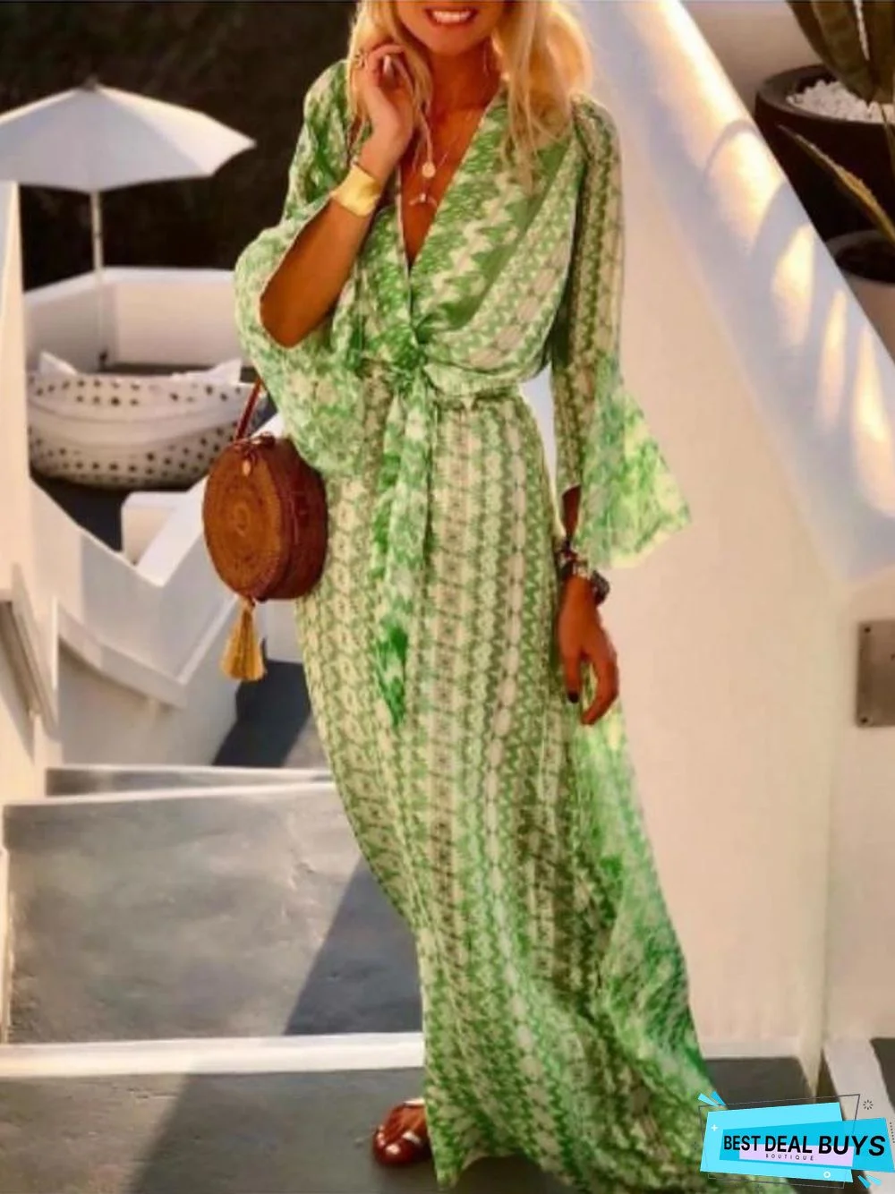 Women's Swing Dress Maxi Long Dress 3/4 Length Sleeve Geometric Print Spring Summer Boho Flare Cuff Sleeve Blushing Pink Green