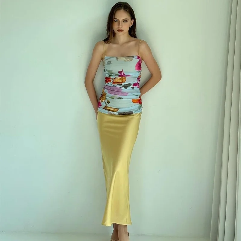 Uveng Uveng New Light Ripe Wind Mesh Perspective High Waist Slit Slim Strapless Condole Dress Female