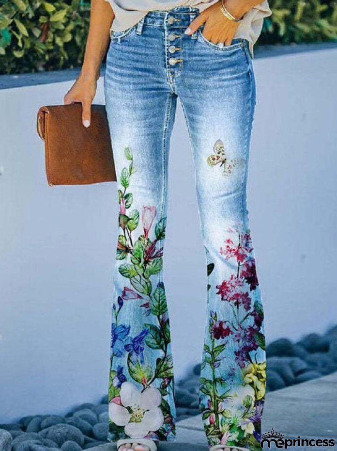 Jeans Printed Single-Breasted Pocket Casual Jeans for Women