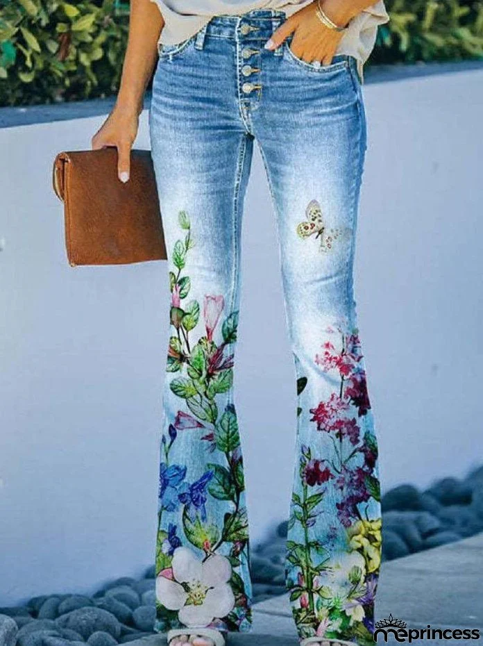 Jeans Printed Single-Breasted Pocket Casual Jeans for Women