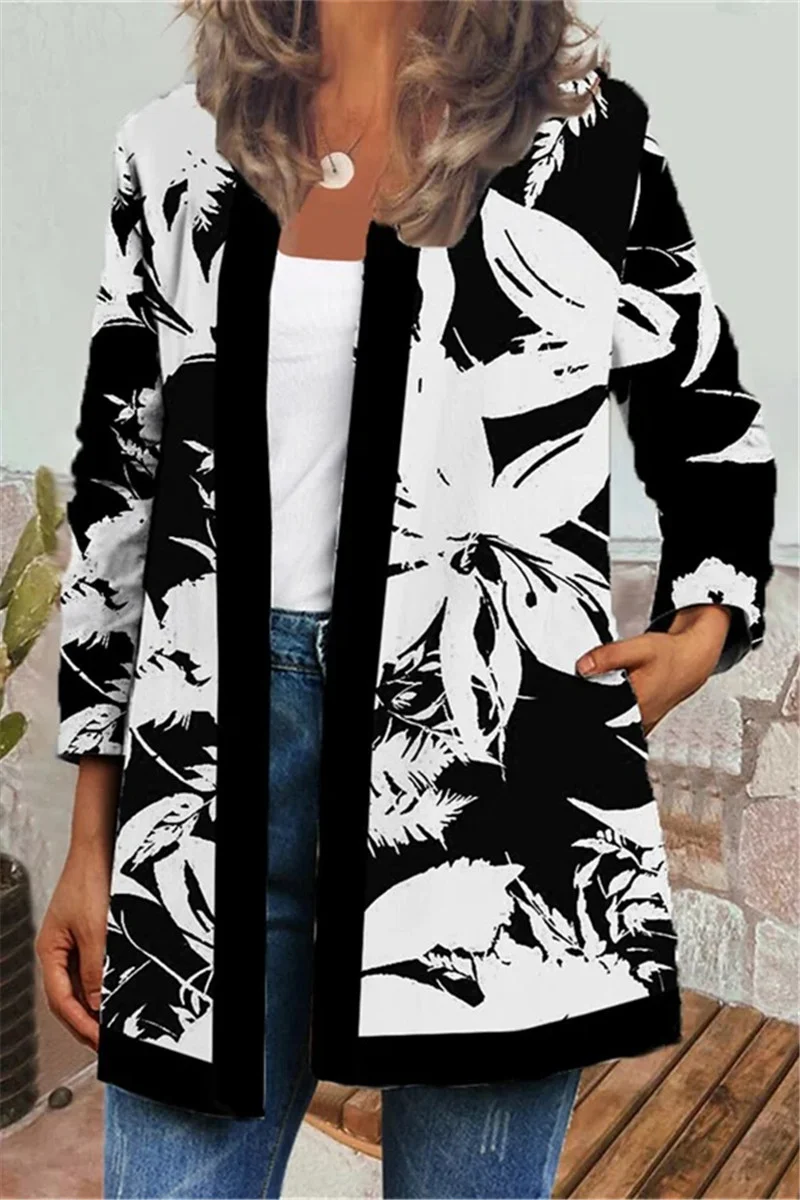 Plus Size Floral Print Casual Medium Length Cardigan