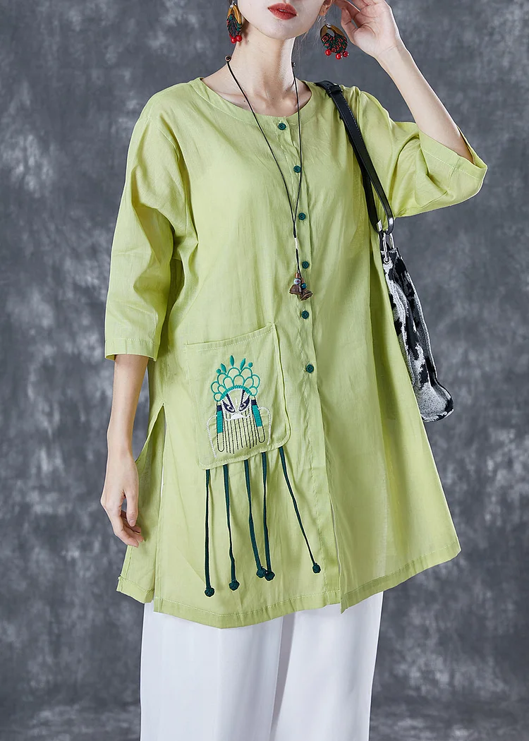 Fitted Green Embroideried Tassel Linen Top Half Sleeve