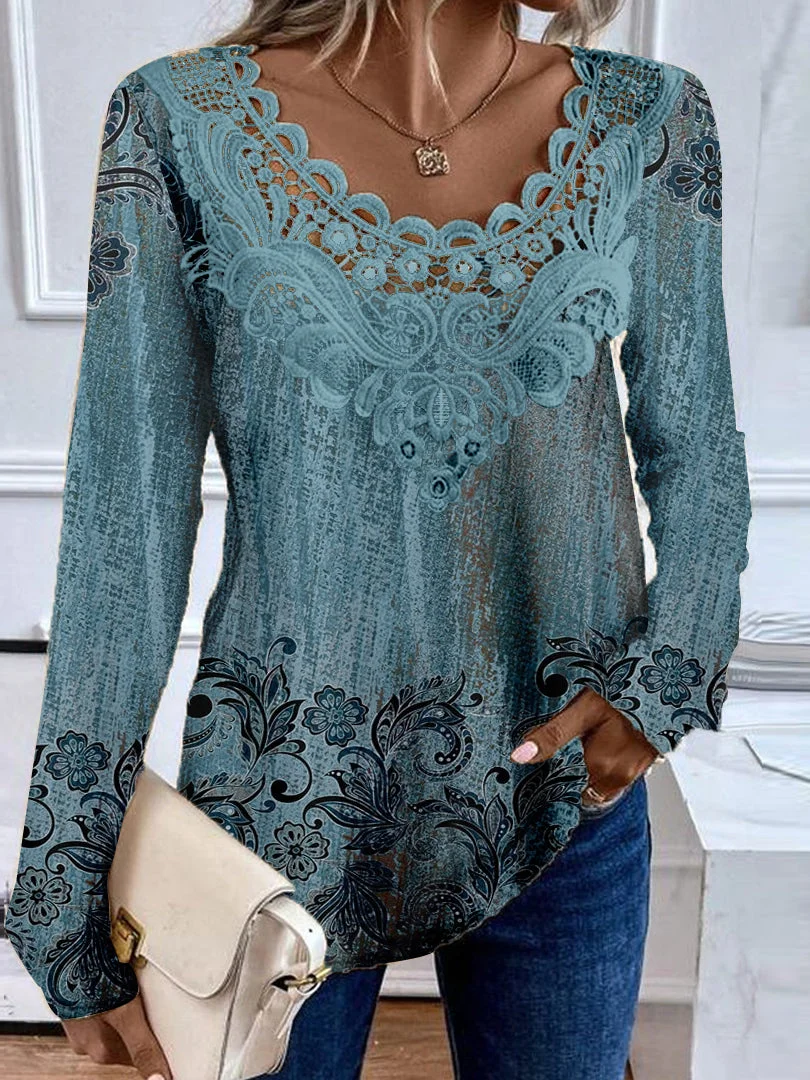 Women plus size clothing Women's Long Sleeve Scoop Neck Graphic Lace Floral Printed Top-Nordswear