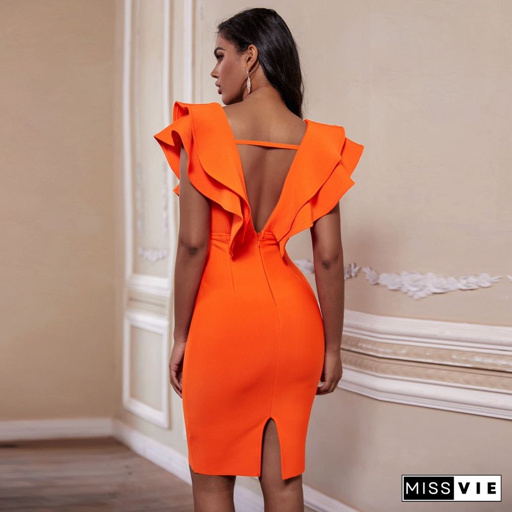 Bandage Dress Womens Summer Party Orange Black Red White Ruffles Ladies Sexy Bodycon