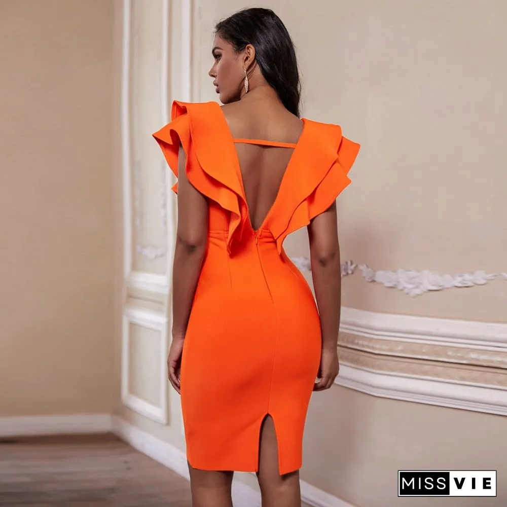 Bandage Dress Womens Summer Party Orange Black Red White Ruffles Ladies Sexy Bodycon