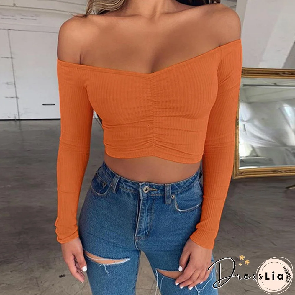 Summer Shirt T-shirt Casual Lady Long Sleeve Wrapped Chest Word Shoulder Fashion Tops
