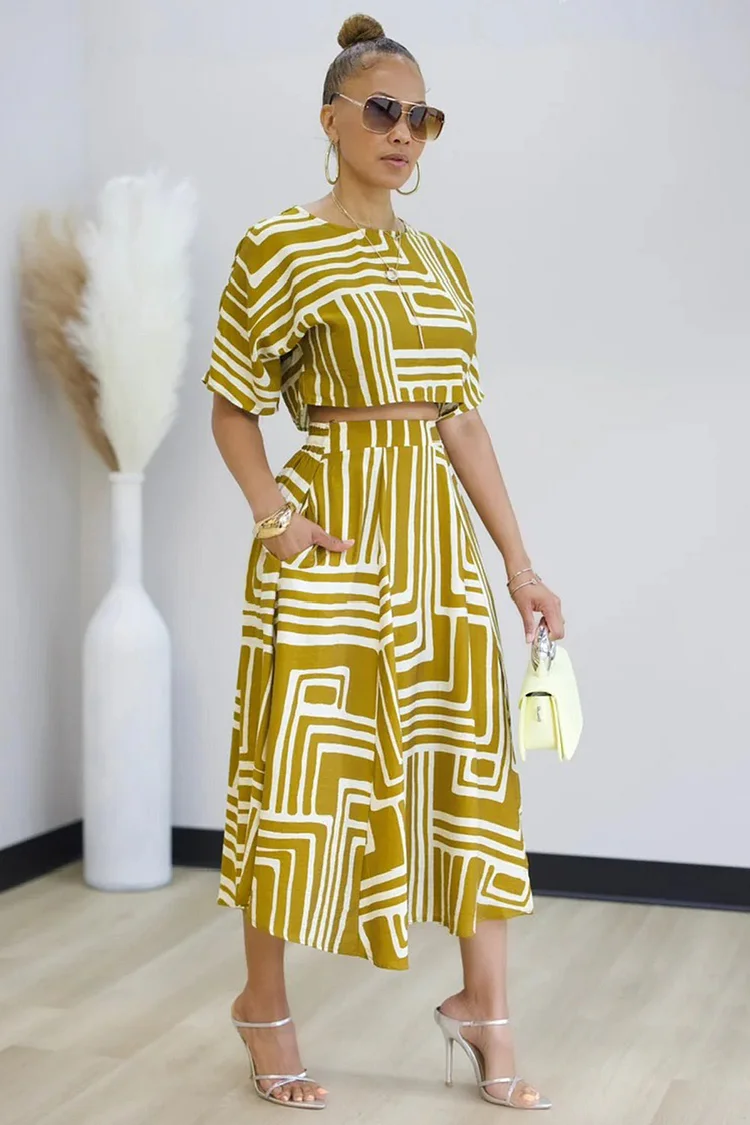 Geometric Print Crew Neck Top Slit Midi Skirt 2pcs Set-Yellow [Pre Order]