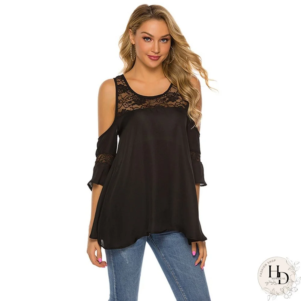 Women Summer Fashion Chiffon Lace Tops Strapless Flare Half Sleeve Tops Stitching Hot Tops