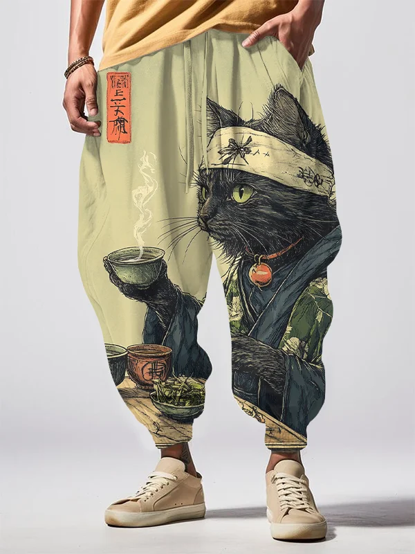 Men's Cat Drinking Tea Japanese Tea Ceremony Art Print Loose Drawstring Waist Sweatpants