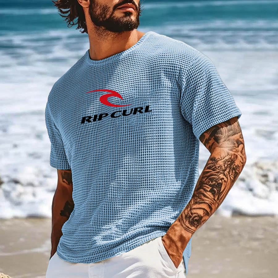 Men's Vintage Waffle Knit Surf Light Blue Short Sleeve Crew Neck T-Shirt
