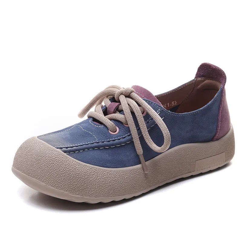Yyvonne Leather Round Head Casual Shoes Women 2025 Spring New Flat Bottom Lace Single Shoes Fashion Leather Shoes