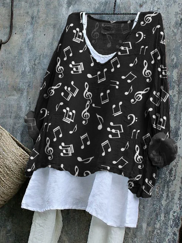 Music Notes Pattern V Neck Flowy Linen Blend Tunic