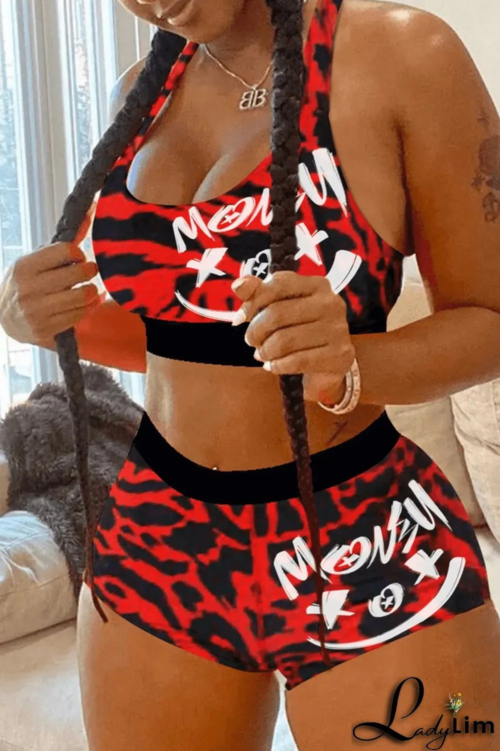 Red Fashion Casual Sportswear Print Basic U Neck Sleeveless Two Pieces