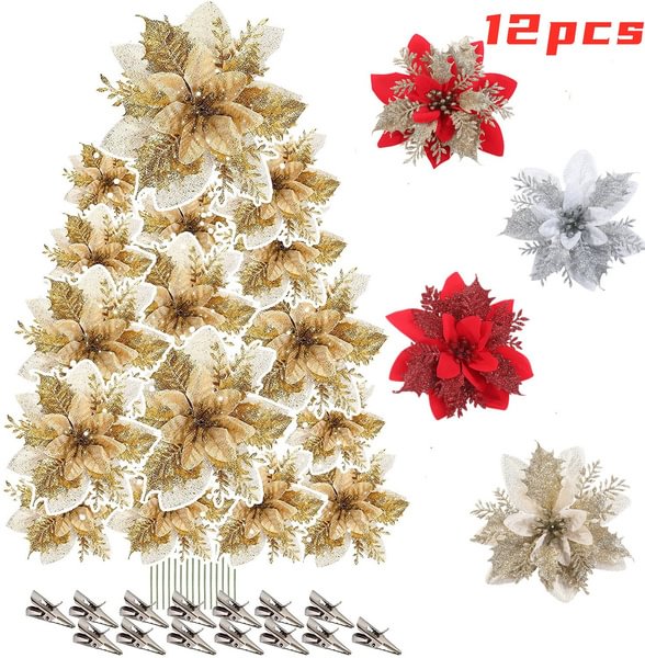 New 12/6Pcs Christmas Flowers Poinsettia Artificial Flowers With Clip Christmas And New Year Party Floral Decorations - Shop Trendy Women's Fashion | TeeYours
