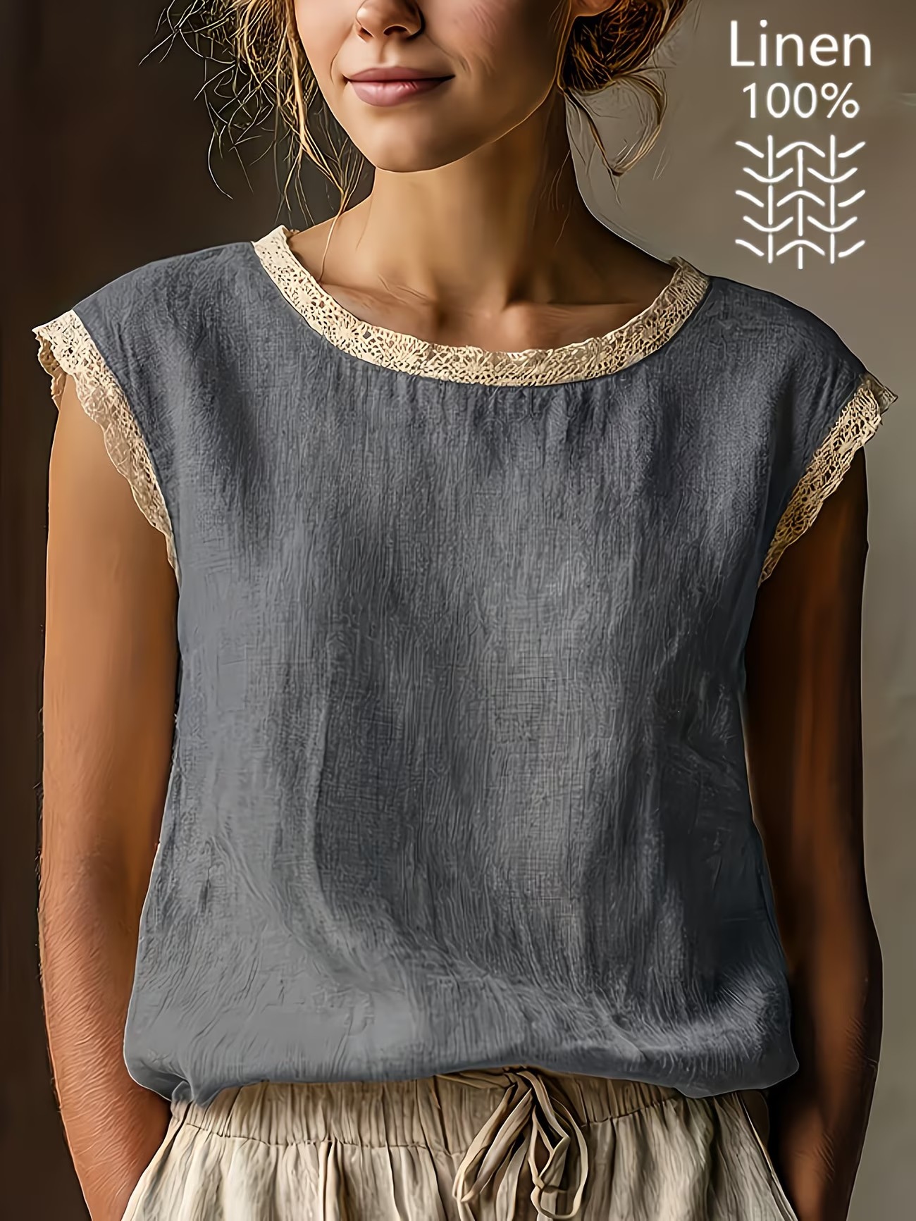 Solid Lace Trim Sleeveless Blouse
