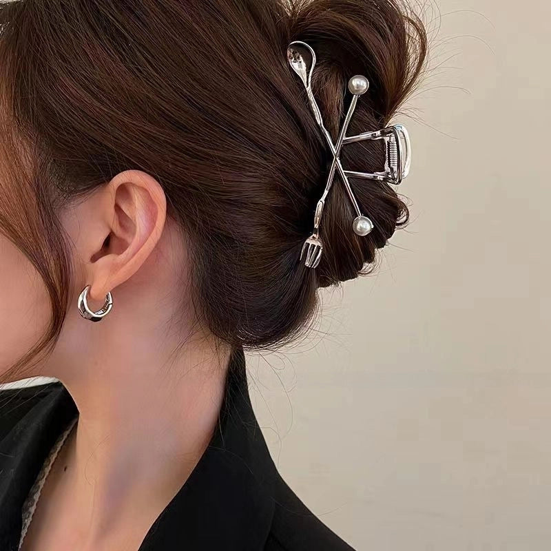 Metal Grab Clip Elegant Bow Hairpin Back Head Large Shark Clip French Pearl Clip Hair Accessories