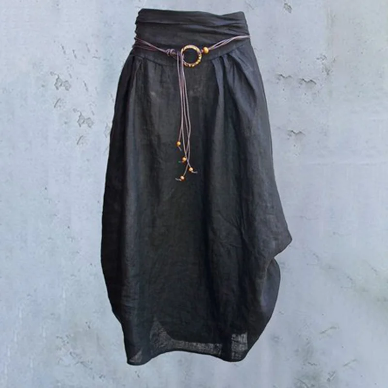 Vintage Plain Pleat Cotton Linen Loose Casual Skirt