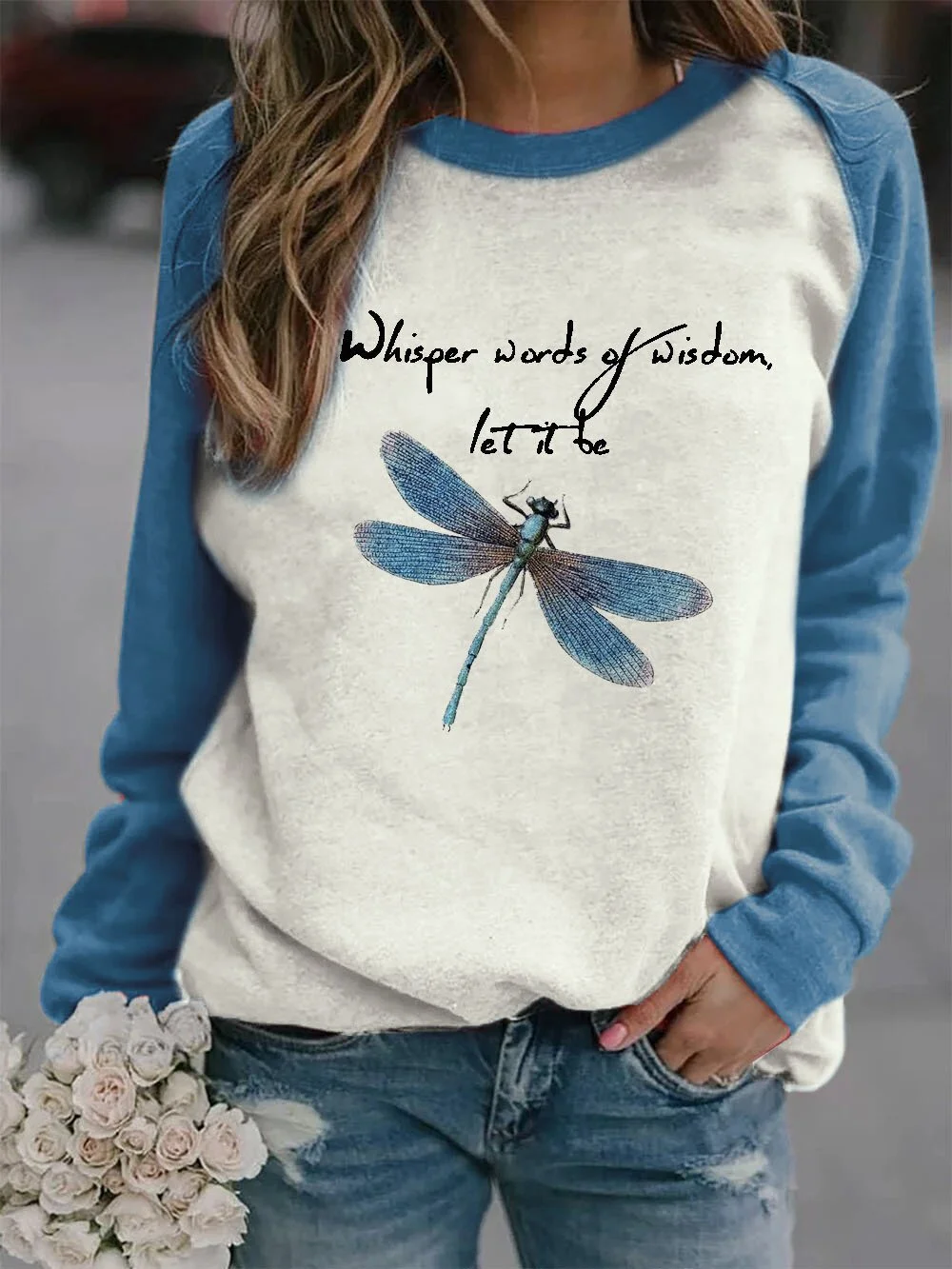 Women's Whisper Words Of Wisdom Let It Be Dragonfly Print Sweatshirt
