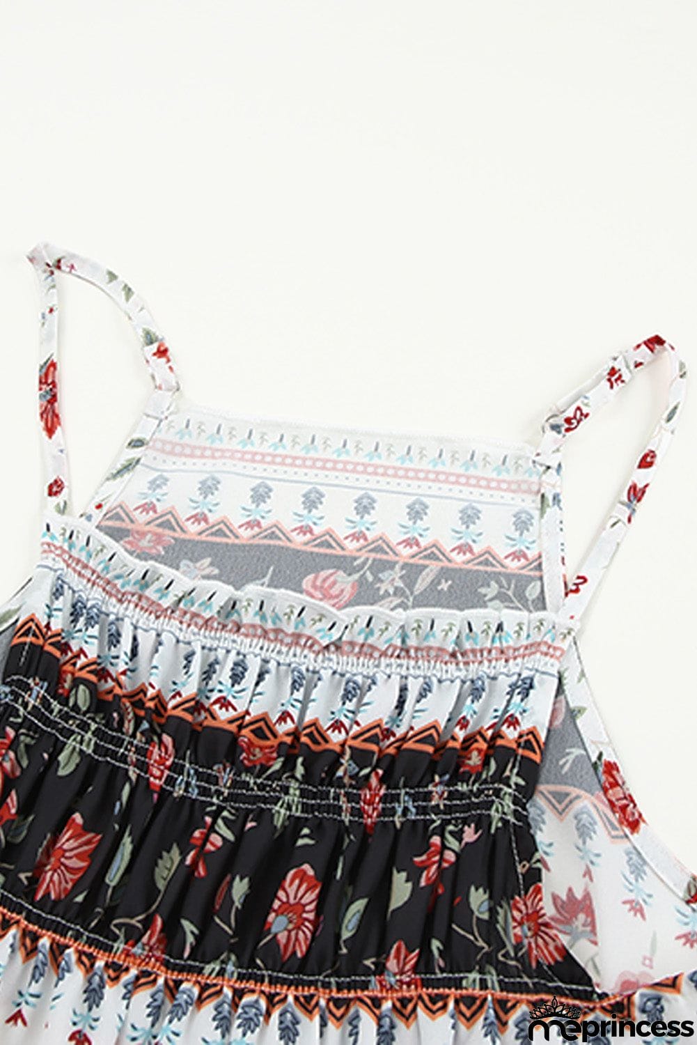 Smocked Frilled Boho Floral Print Halter Tank Top