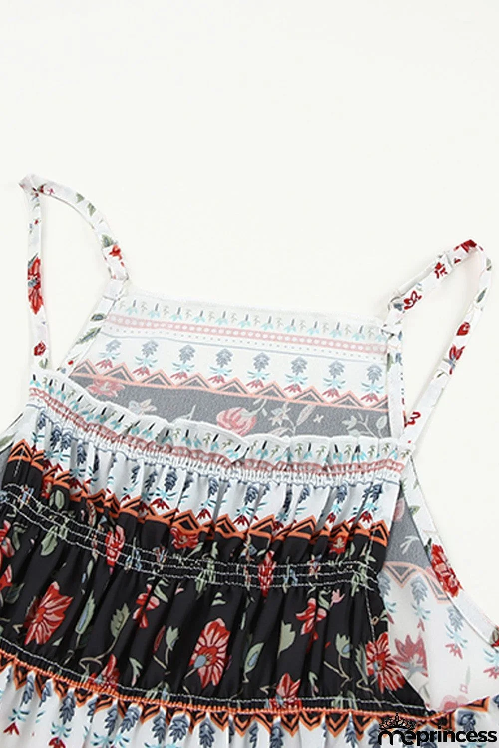 Smocked Frilled Boho Floral Print Halter Tank Top