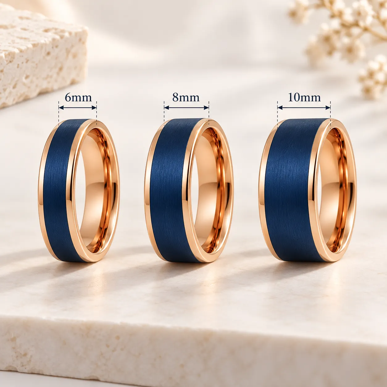  Tungsten Open Steps Sand Surface Electric Blue Electroplated Rose Gold Wedding Bands