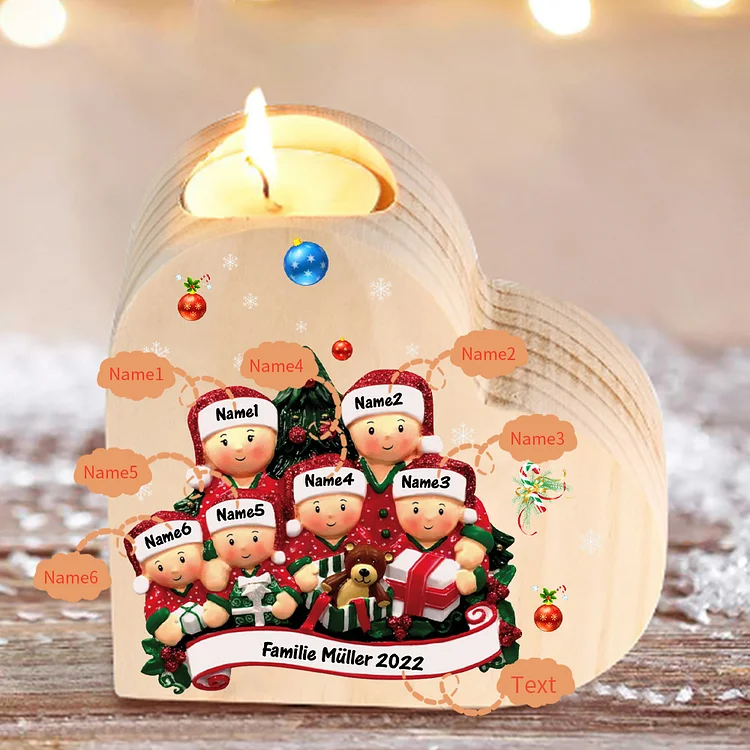 Kettenmachen Herzform Kerzenhalter Personalisierte 6 Namen & Text Weihnacht Thema mit 6 Familienmitgliedern