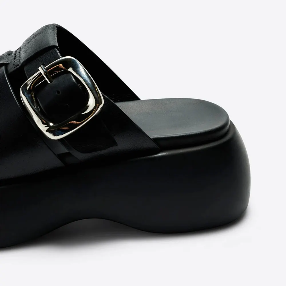Black Open Round Toe Chunky Heel Buckle Strappy Platform Mules