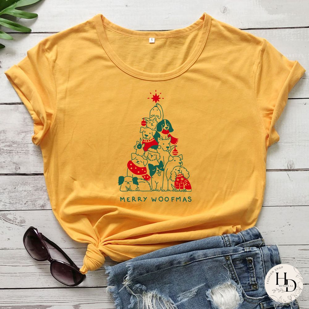 Merry Woofmas Colored Print T-shirt Kawaii Dog Lover Christmas Holiday Gift Tshirt Funny Women Graphic Tees Tops Drop Shipping