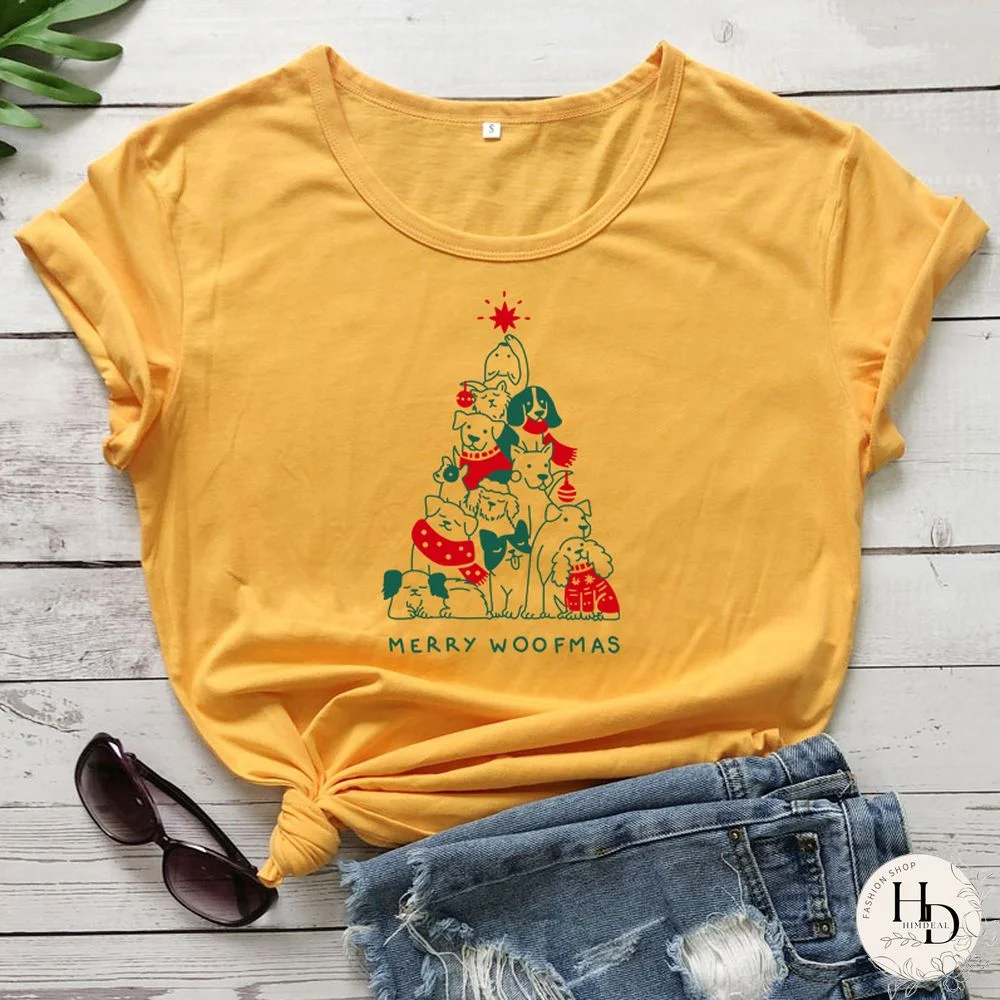 Merry Woofmas Colored Print T-shirt Kawaii Dog Lover Christmas Holiday Gift Tshirt Funny Women Graphic Tees Tops Drop Shipping