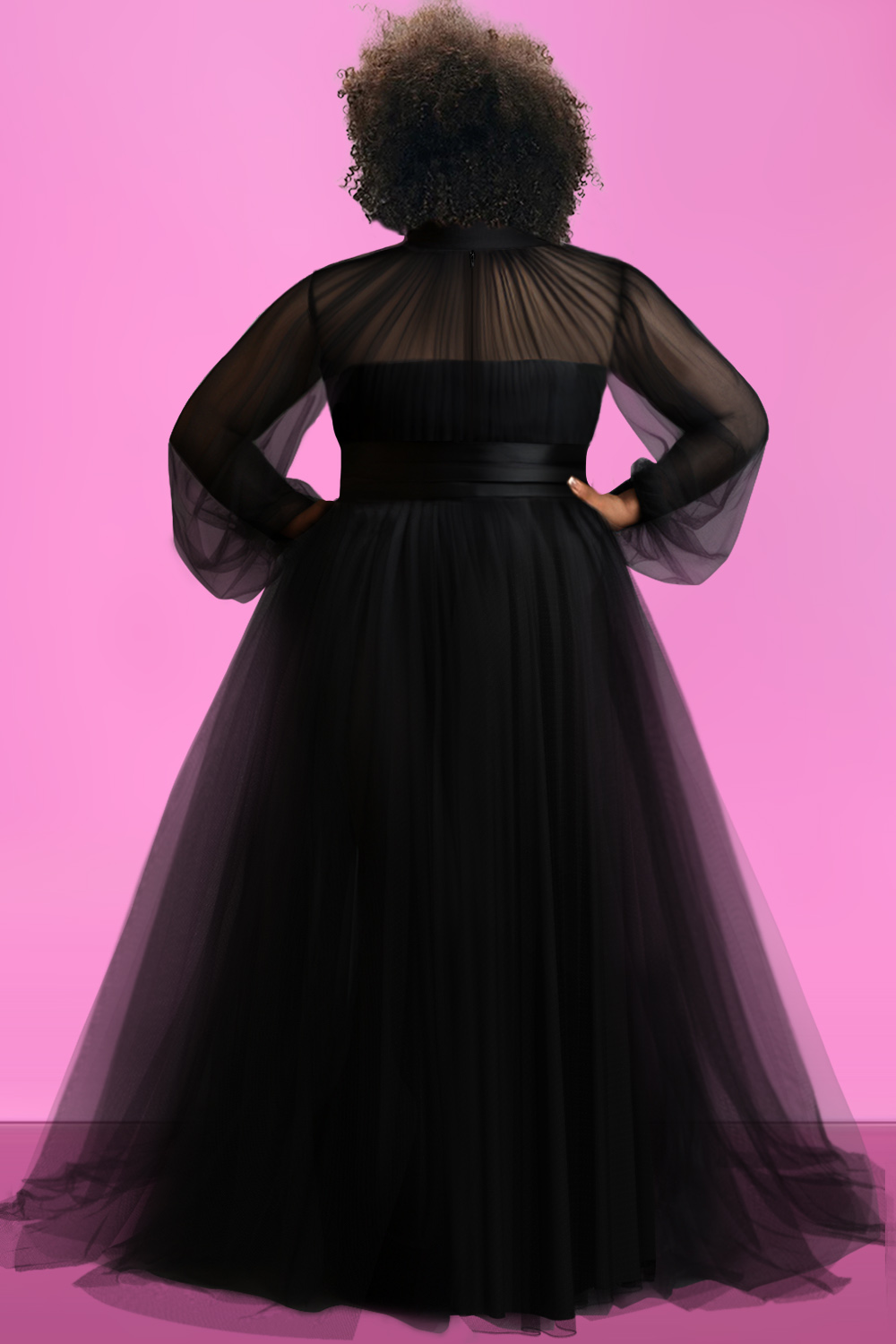 Design Plus Size Formal Elegant Black Spring Summer Mock Neck Lantern Sleeve Long Sleeve See Through Mesh Tulle Maxi Dresses [Pre-Order]