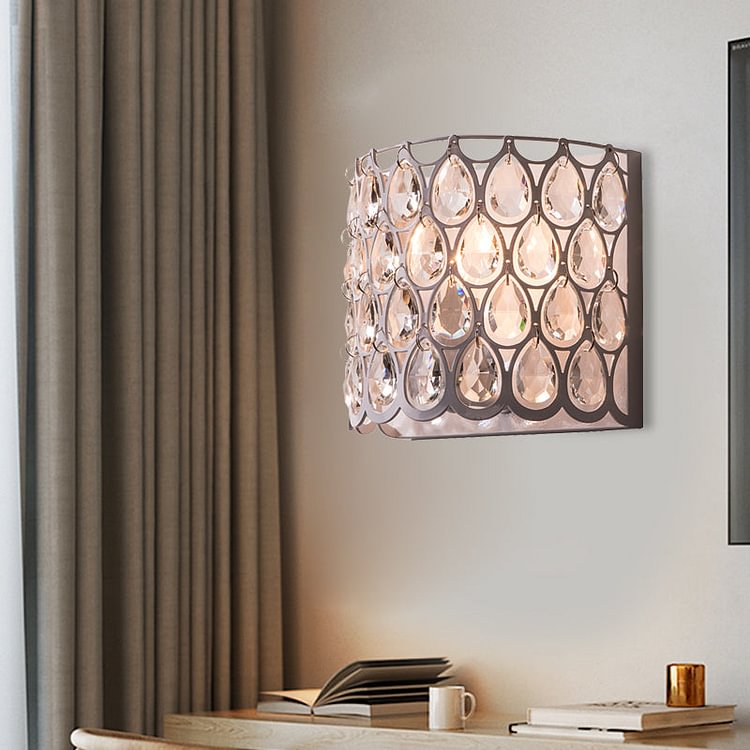 White Half-Cylinder Sconce Countryside Crystal 1 Light Bedroom Wall Lighting Fixture