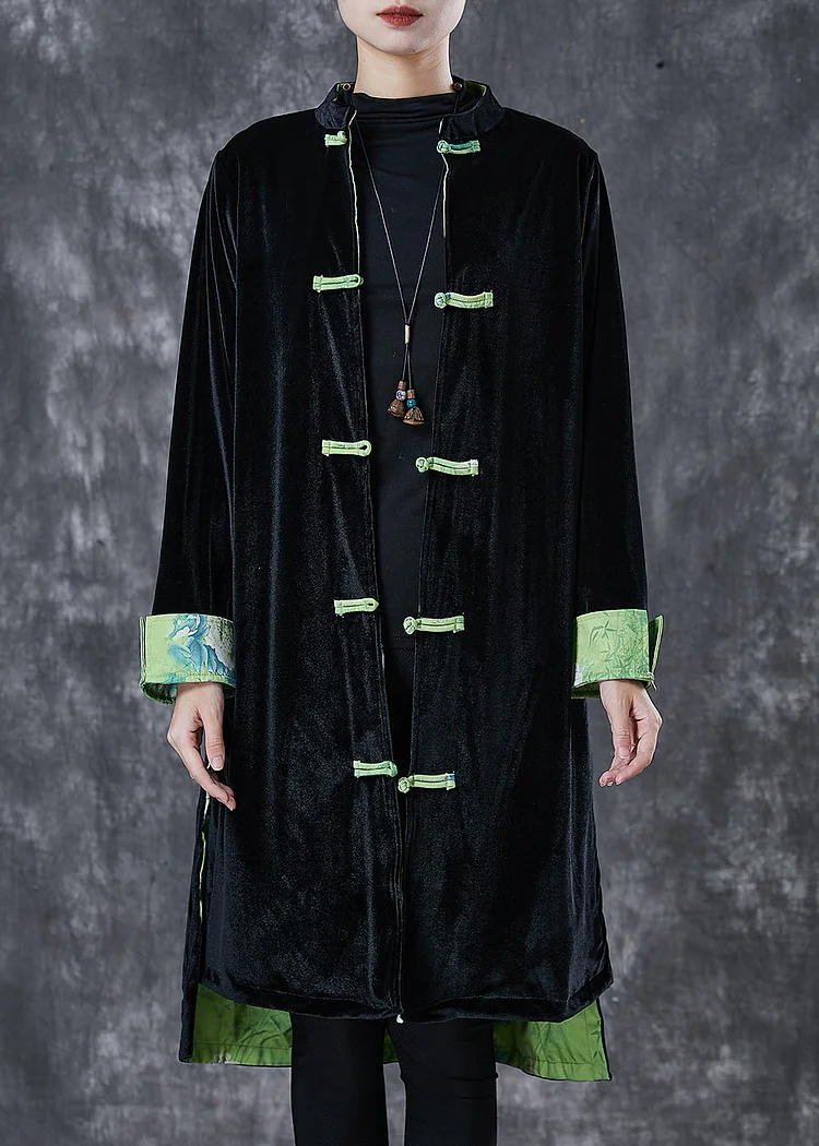 Vintage Black Chinese Button Silk Velvet Coat Outwear Spring