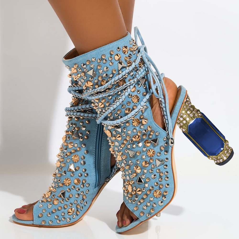 Rivet Chunky Heel Blue Zipper Slingback Strap Decorative Heel