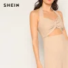 SHEIN Khaki Twist Cutout Front Wide Leg Halter Sleeveless Jumpsuit Women Mid Waist Wide Leg Highstreet Summer Slim Jumpsuits