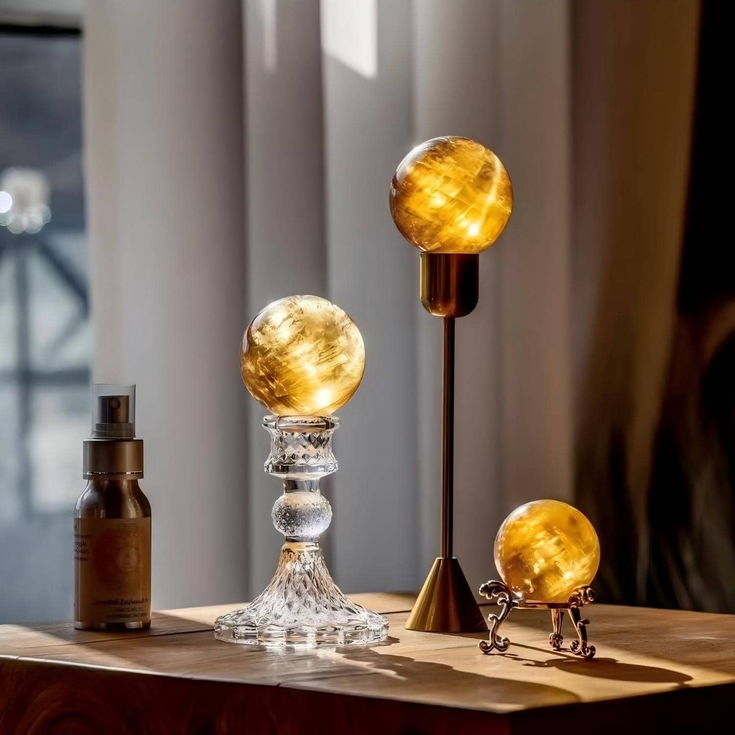 Honey calcite sphere on altar