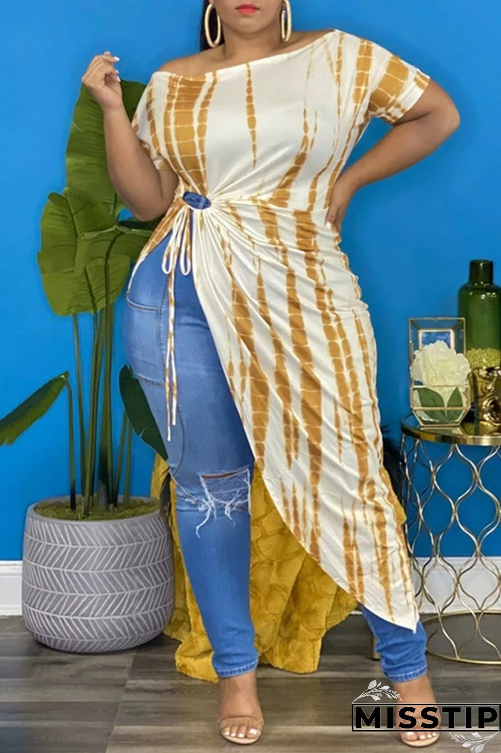 Blue Fashion Casual Print Bandage Asymmetrical O Neck Plus Size Tops