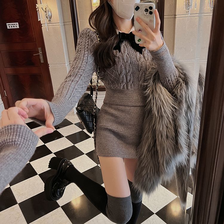 Cookycrumble 2024 Long Sleeves Solid Bodycon Top Sexy Mini Dress Set Autumn Winter Women Fashion Streetwear Outfits Y2K