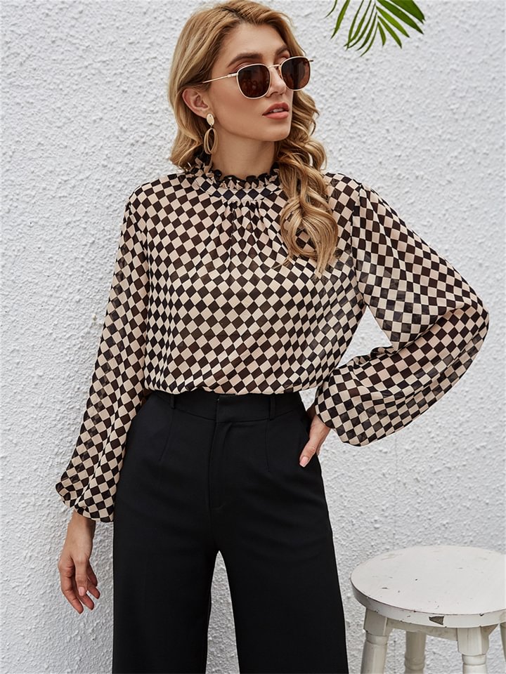 Lantern Sleeves Loose Chiffon Women's T-shirt Fashion Square Plaid Spring New Casual Tops Small Shirt -vasmok