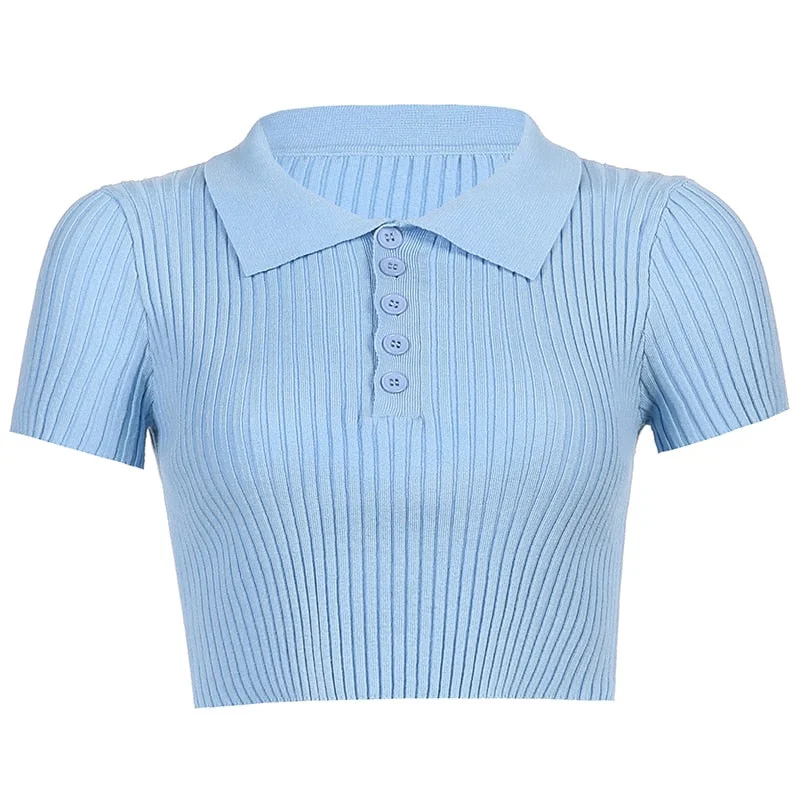 HEYounGIRL Ribbed Casual Tshirts Cotton Women Summer Short Sleeve Crop T Shirt Ladies Turn-down Collar Solid White Tee Shirt