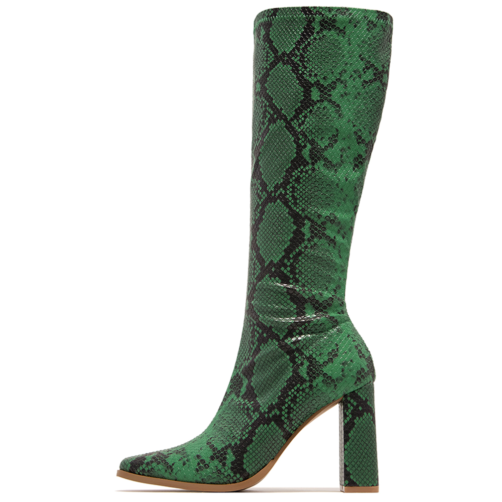 Green Square Toe Chunky Heel Knee High Boots