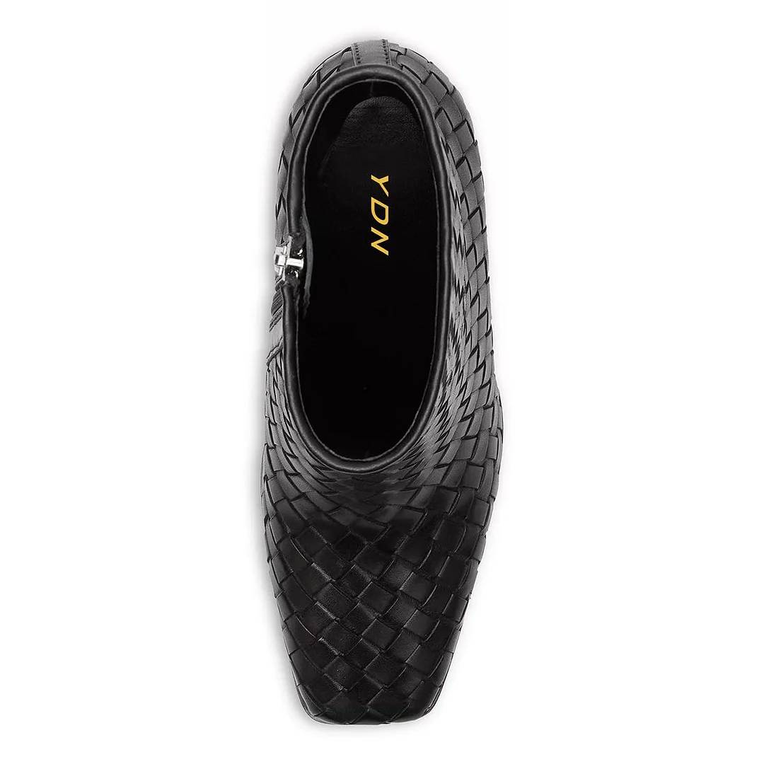 Black Vegan Leather Woven Side-Zip Ankle Boots with Block Heels