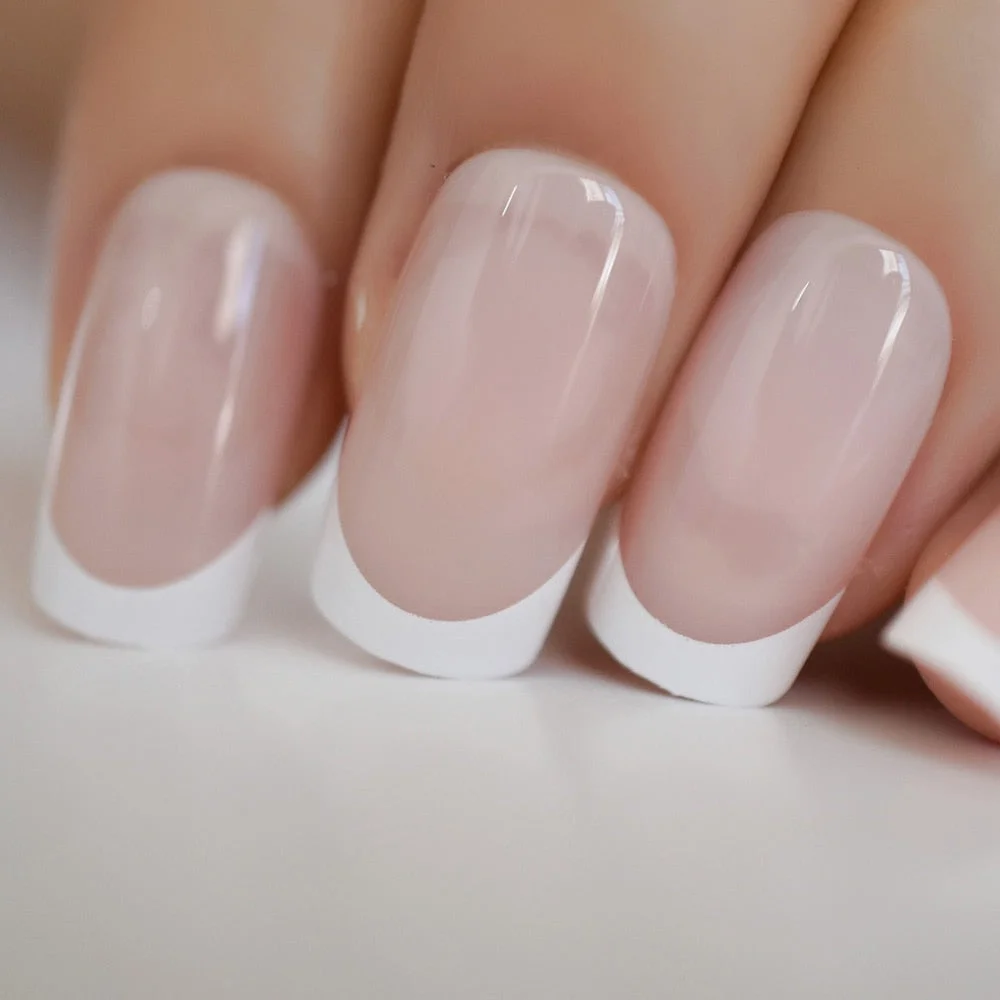 Pearl Shine Pink French Nail White Round Fake Nails Short Glossy Satin Artificial Lady Fingernails with Adhesive-Nail Inspo