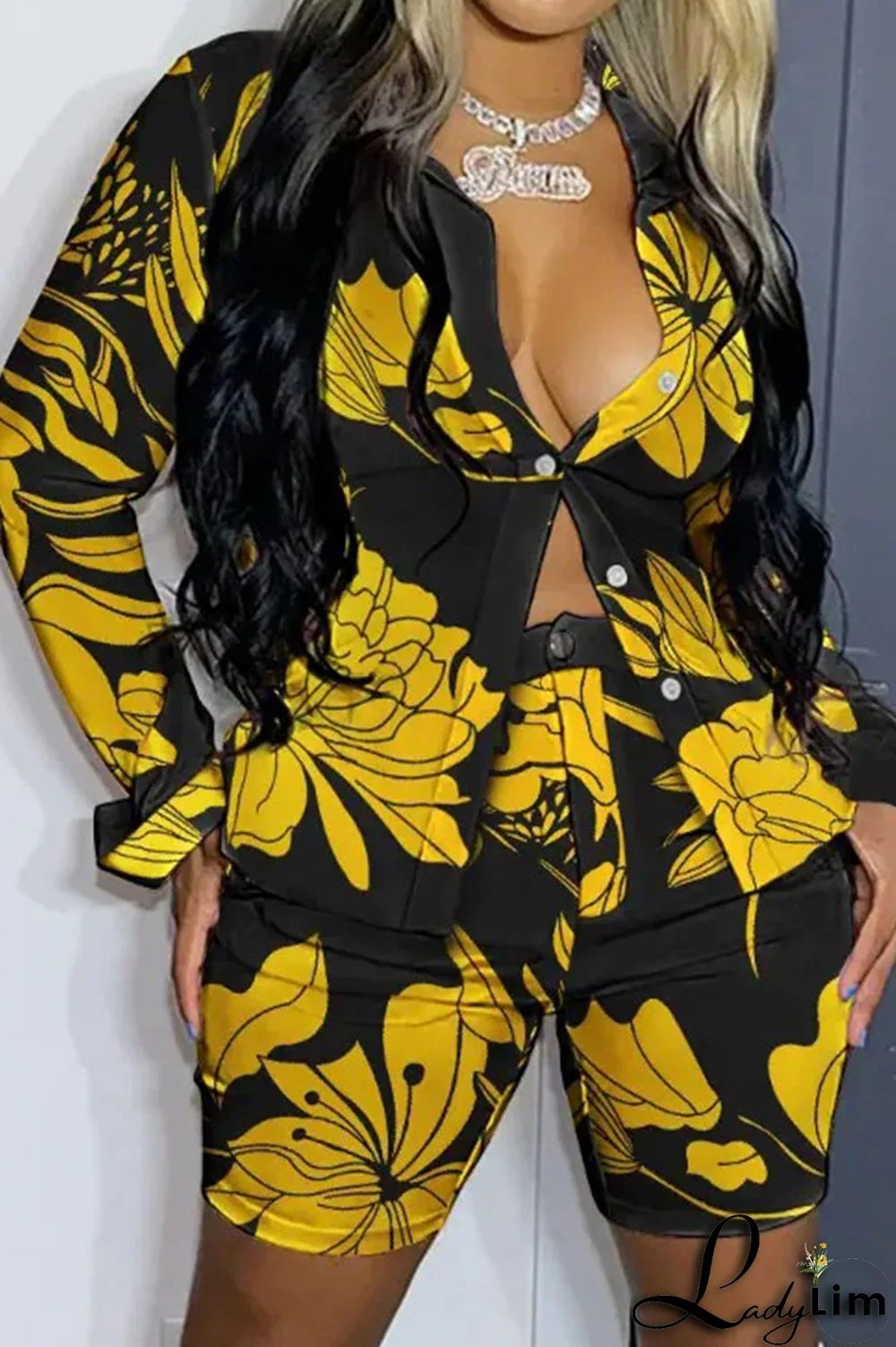 Light Blue Casual Print Patchwork Buckle Turndown Collar Long Sleeve Two Pieces