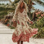 Women's Vacation Romantic Rose Patchwork Art Comfy Linen Maxi Dress - Image 2