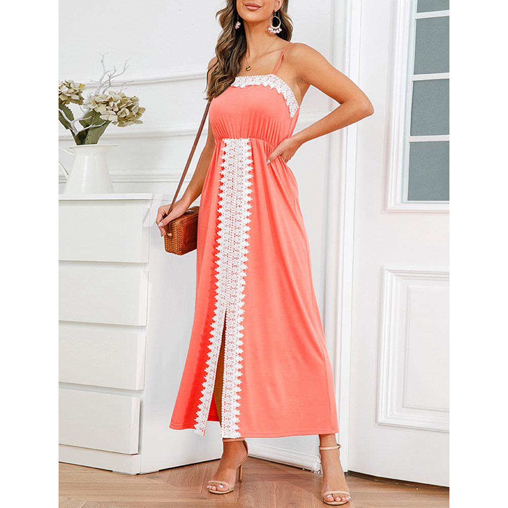 Pink Spliced Lace Trim Spaghetti Straps Dress