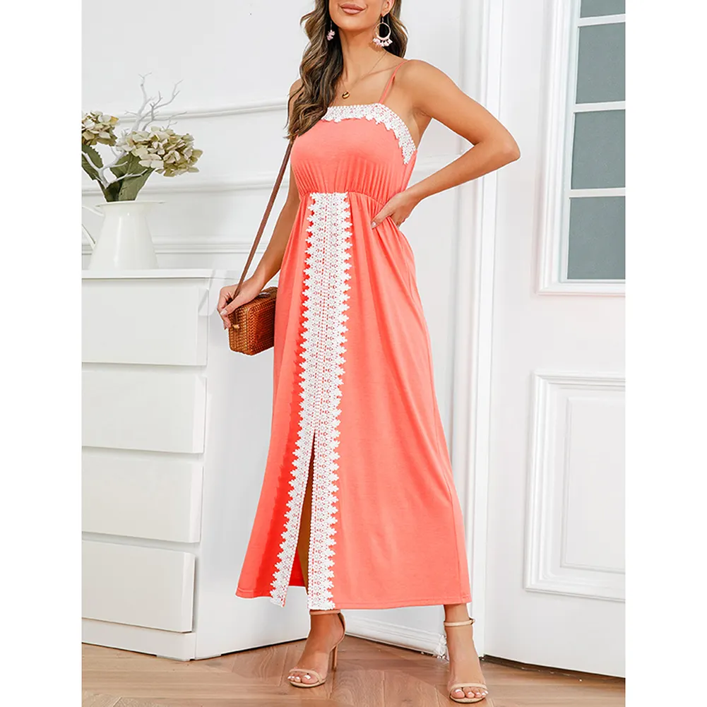 Pink Spliced Lace Trim Spaghetti Straps Dress